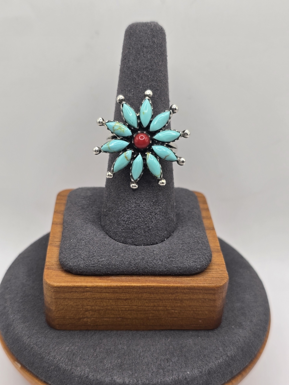 Turquoise and Red Coral Floral Native Ring - Women's Jewelry